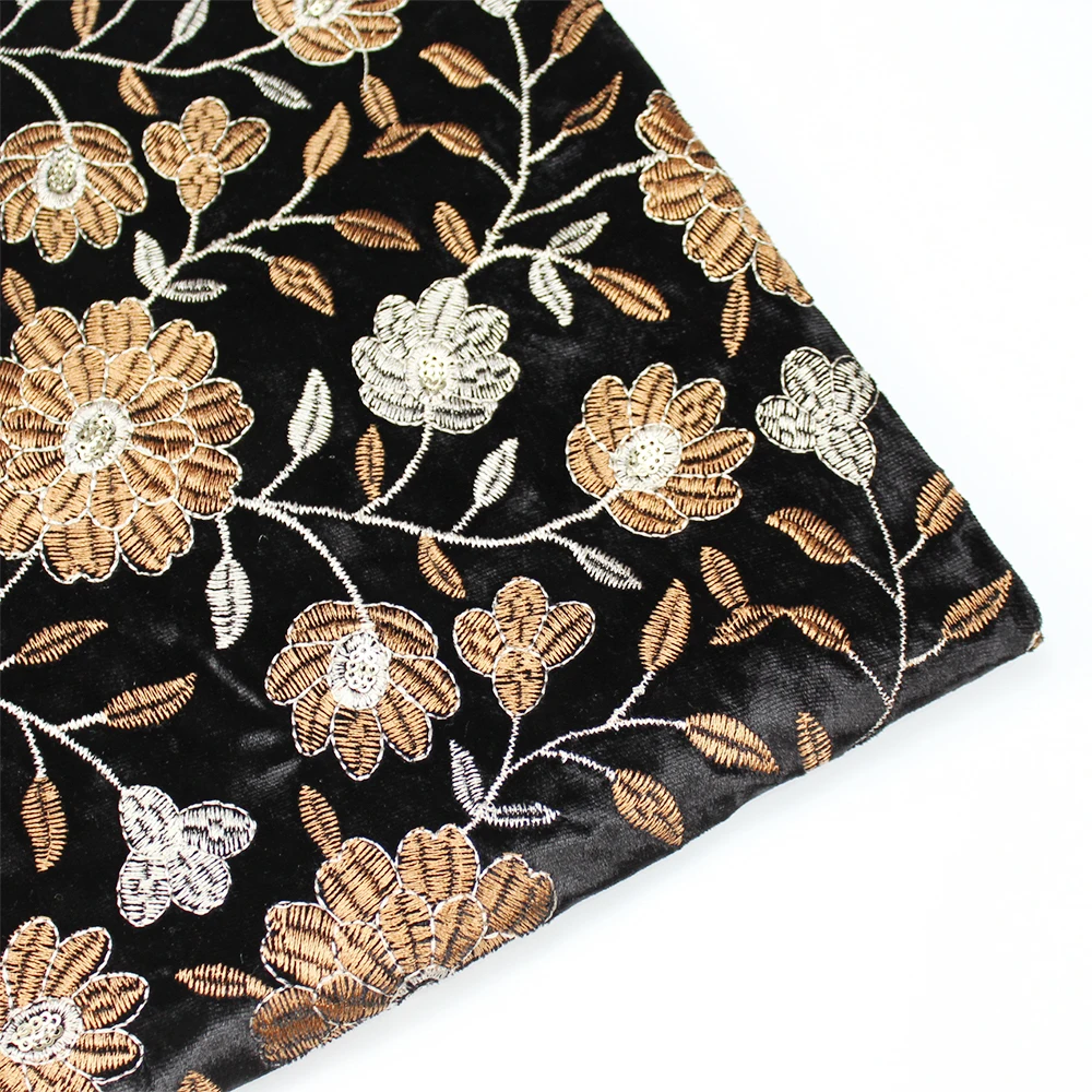 Latest Designs Embroidery Flower Black Ice Velvet Soft 100% Polyester Fabric For Women Coat