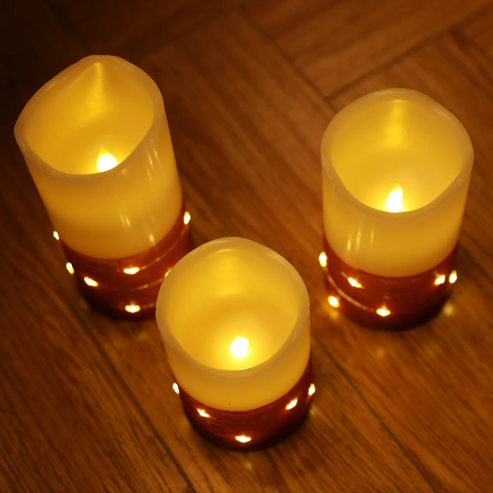 3pcs Real wax beautiful glitter pillar decorative electric led flameless candle with remote control
