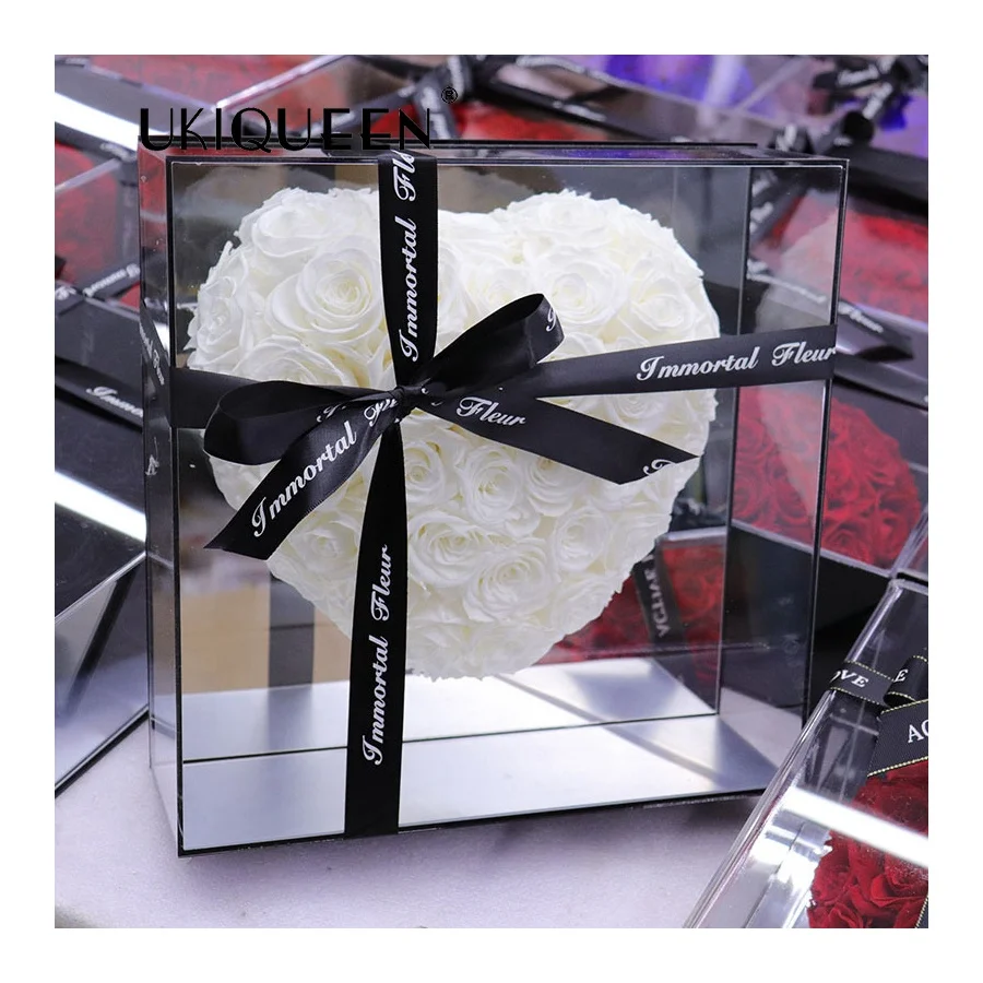 2023 New Luxury White Forever Flower Cajas Para Flores Secas Dried Eternelles Eternal Preserved Rose in Mirror Acrylic Gift Box