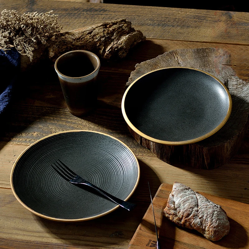 Ceramic Porcelain Black Buffet Party Wedding Restaurant Dinner Plate with Gold Rim