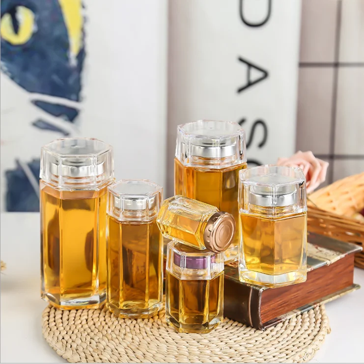 hot selling wholesale price available different sizes high end hexagon glass honey jar