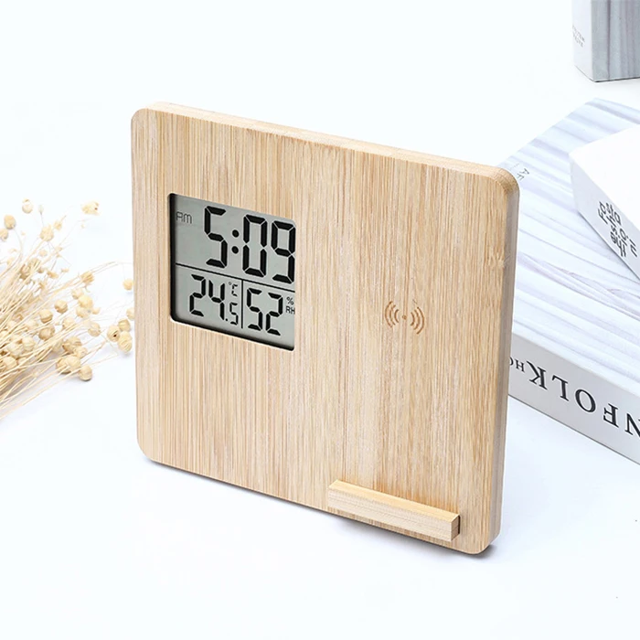 Multifunction Bamboo Cork Wood 2 in 1 Digital Alarm Clock Wireless Charger Stand for desk office