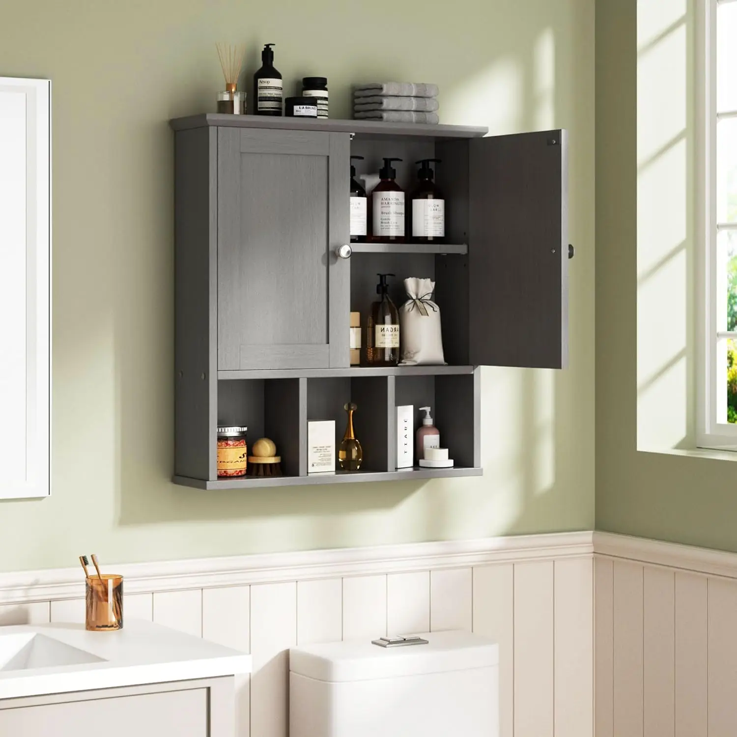 Medicine Cabinet, Over The Toilet Storage Cabinet with Doors and Shelves, Storage Cabinets for Wall Mounted with 3 Open Shelves