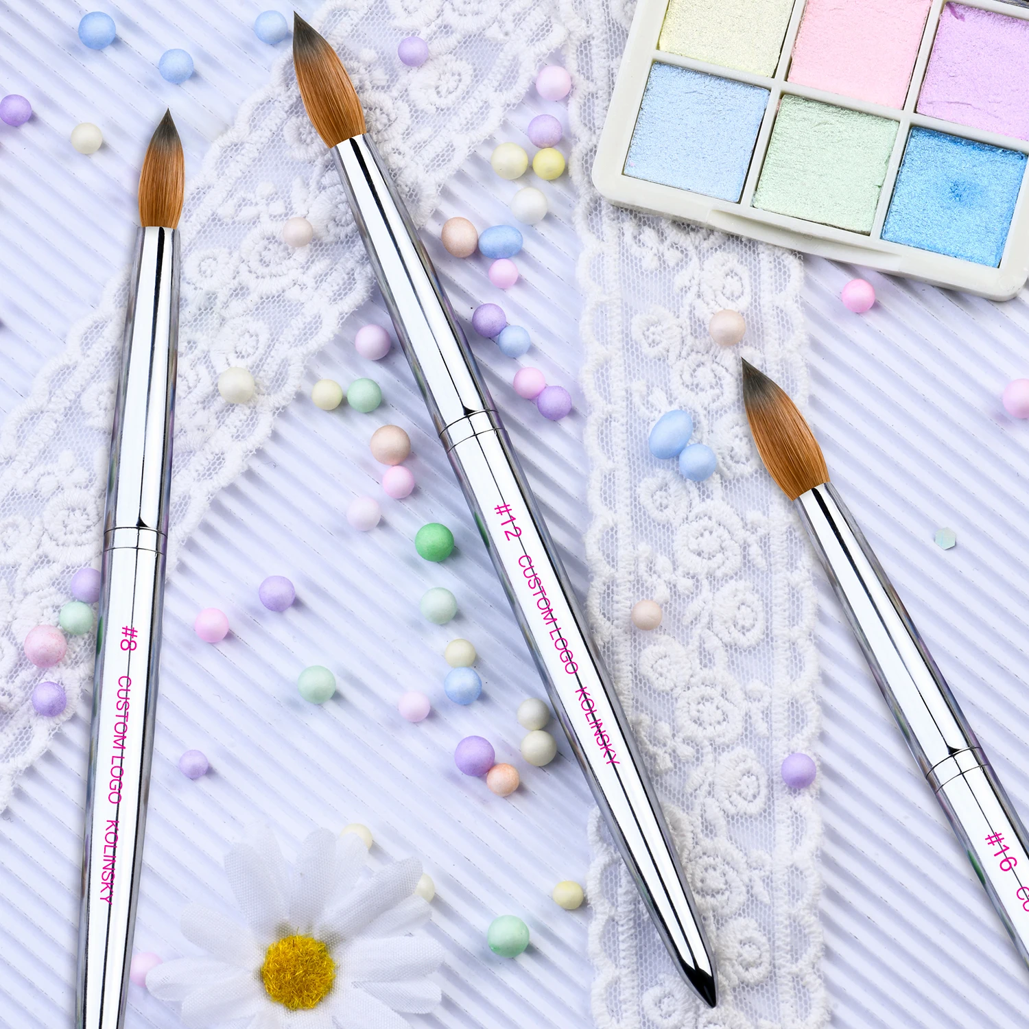 Wholesale Nail Acrylic Brushes Custom Metal Handle SIZE 8 10 12 14 16 Pure Kolinsky Crimped Kolinsky Acrylic Nail Brush