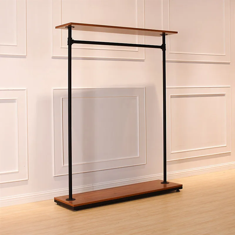 Iron Pipe Display Stand Racks For Clothing With One Wood Shelf Clothes Rack Hanger With Wheels