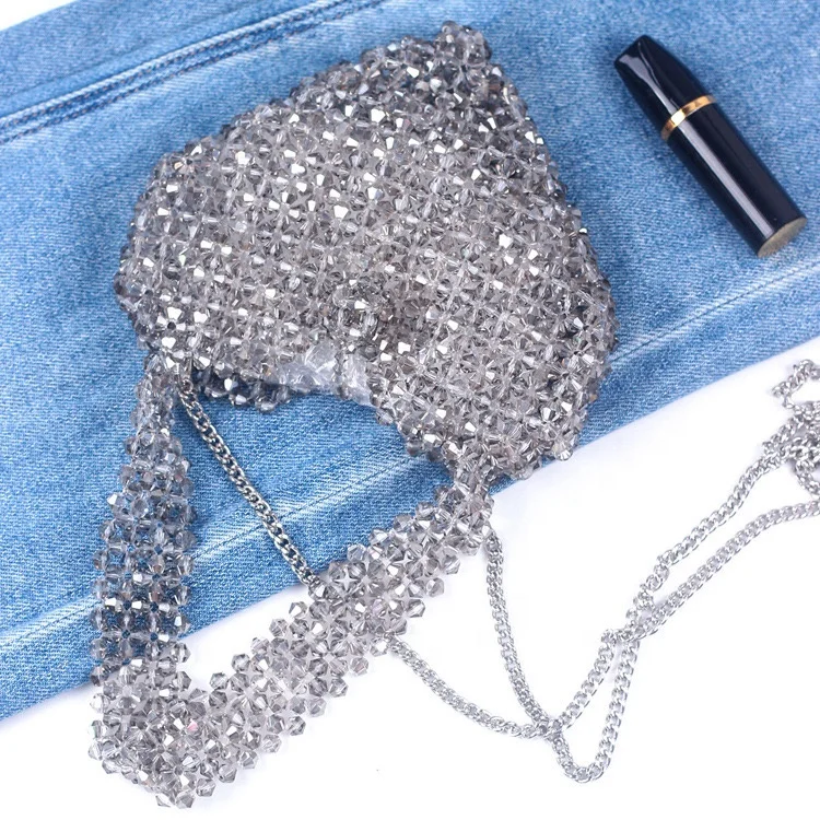 MoyaMiya hot selling handmade macrame silver heart crystal beads shiny bag crochet fashion handbags