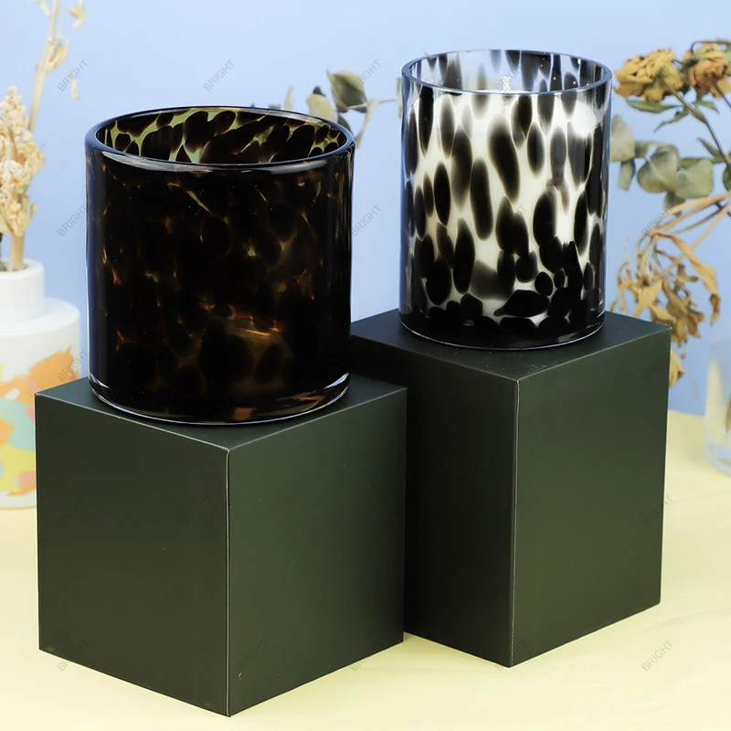 2024 New Arrivals  6oz/9oz/14oz Wholesale Empty Customize  Leopard Printed Candle Jars Luxury Black Candle Glass Jar & Holder