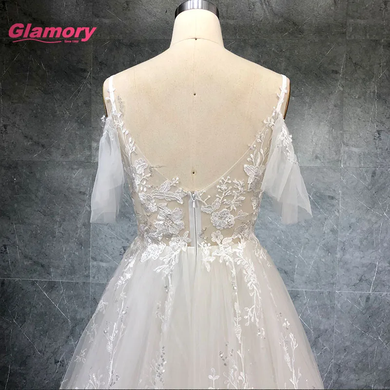 Customized 3D lace wedding dress V Neck Off Shoulder A-line Beach Wedding Gown Dress Bridal