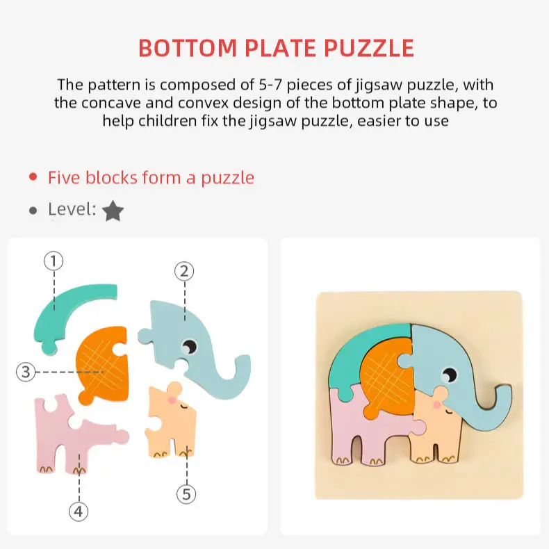Montessori Early Learning Animal Cognition Puzzle Multi Style Baby 3D Wooden Puzzles Colorful Cartoon Animal Jigsaw puzzle
