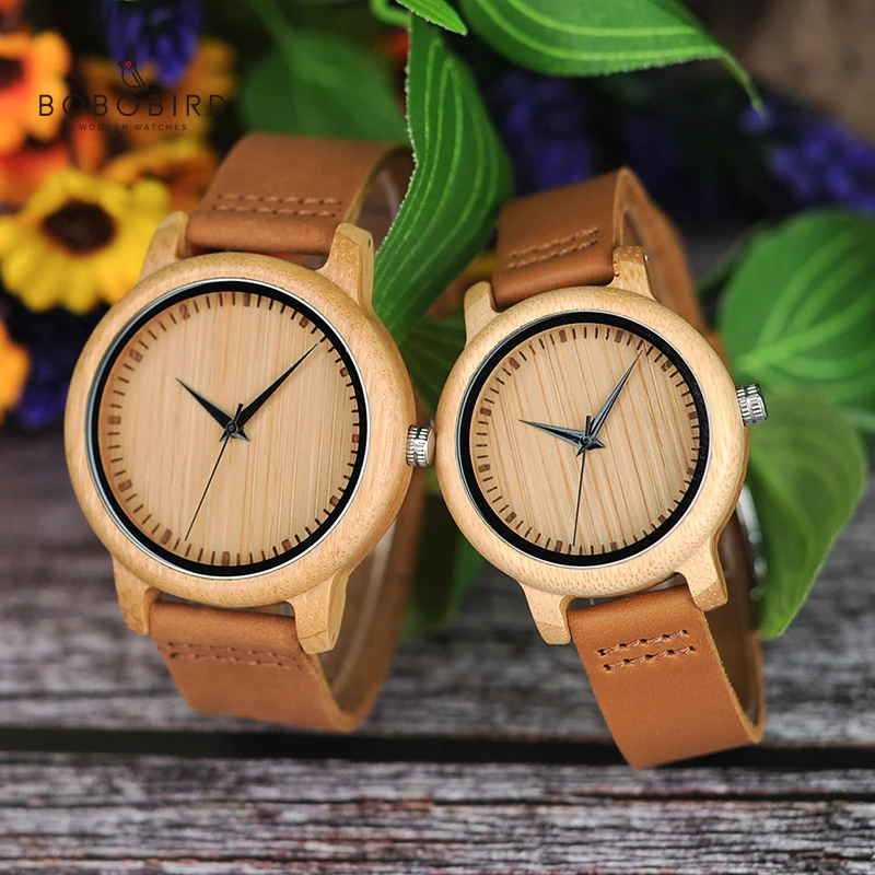 Chinese Factory Hot Sale Oem Hand Making Leather Band Men and Women Bamboo Couple Watch Lovers Pair wood Watches for Couples