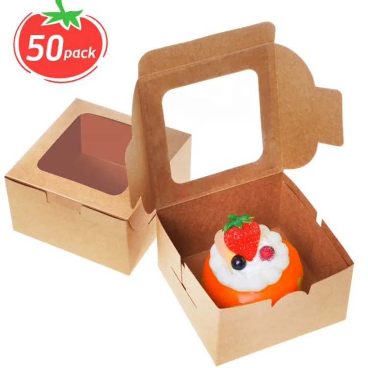 Kraft paper bakery flat pack boxes,min cake,donut food disposable take-out paper container pastry box with clear display window