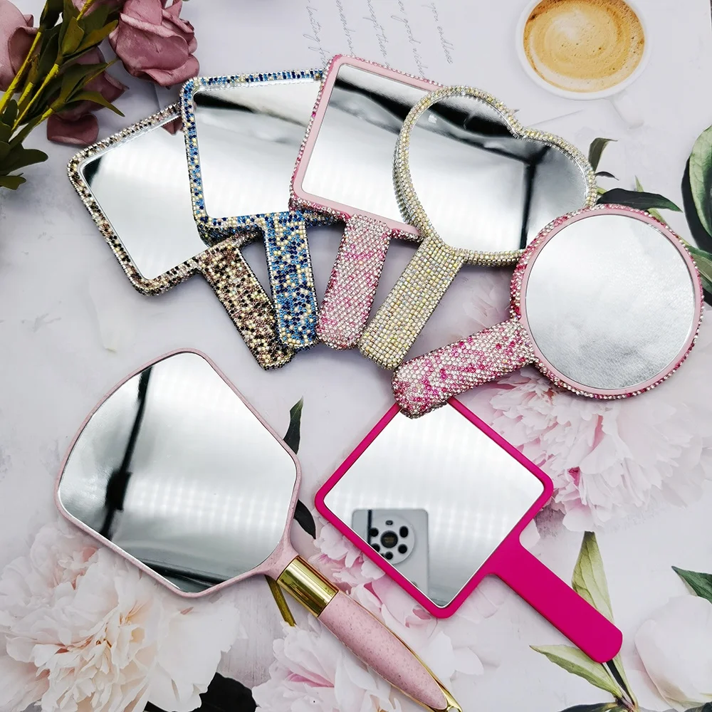 custom logo Color pink black Pocket Make Up Mini handle handheld hand held vanity Makeup Cosmetic mirrors wholesale hand mirror