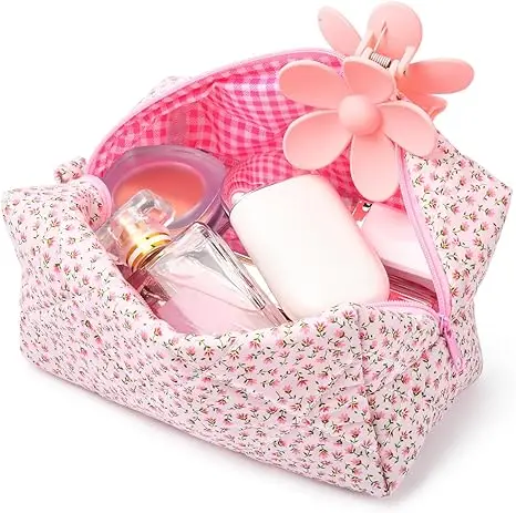 Quilted Makeup Bag Floral Cosmetic Bag Puffy Coquette Makeup pouch Aesthetic Cute Pink Travel Toiletry Bag Organizer