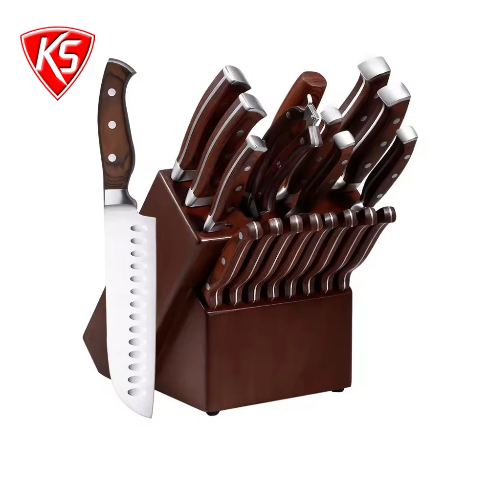 High Quality 19-Piece Kitchen Knife Set with Wooden Block Home Kitchen Cutlery Includes Knife Sharpener and 8 Steak Knives