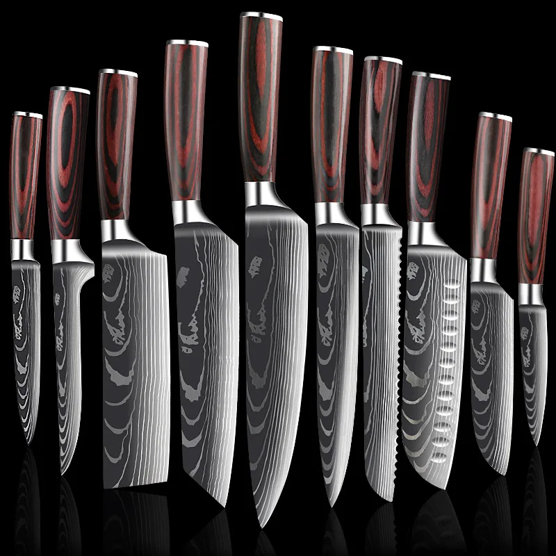 Custom Logo 10 piece Premium Japanese Chef Knife with Pakka Wood Handle and Laser Damascus Pattern Kitchen Knife Set