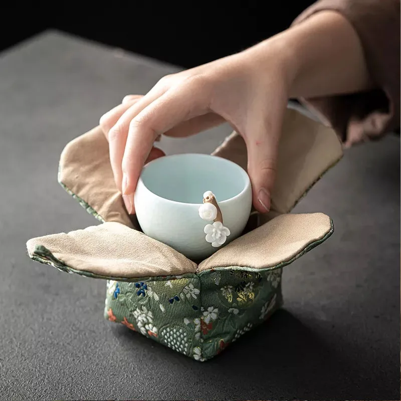 Japanese Handmade Travel Teacup Protection Bag Portable Thickened Anti-Fall Cotton And Linen Tea Set Storage Bag