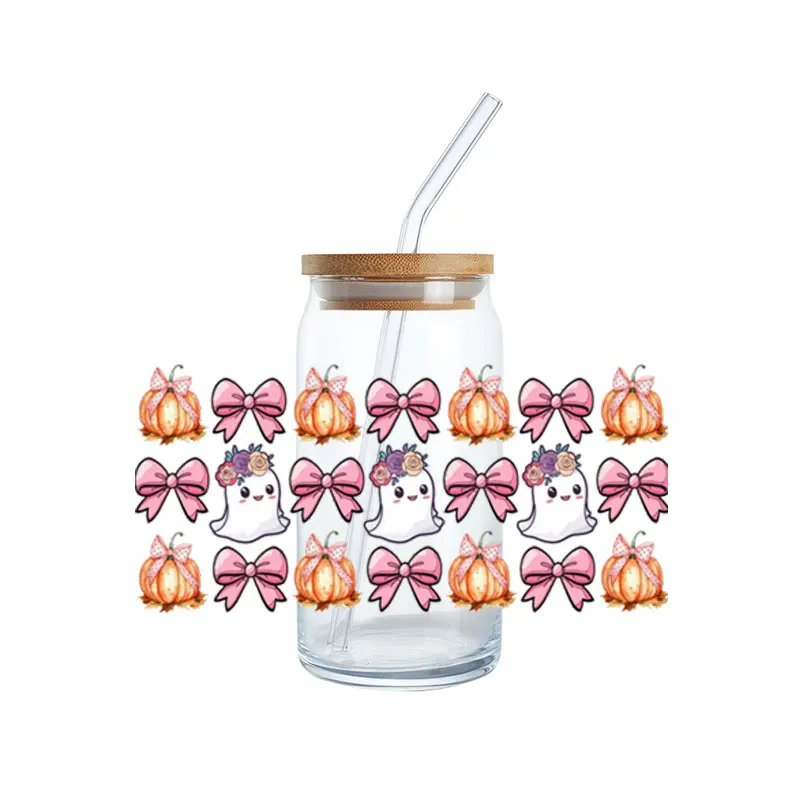 Pink Bows UV DTF Cup Wrap Transfers Halloween Coquette Aesthetic Ribbon Pumpkin Uvdtf Decals Stickers for 16oz Libbey Glass Cup
