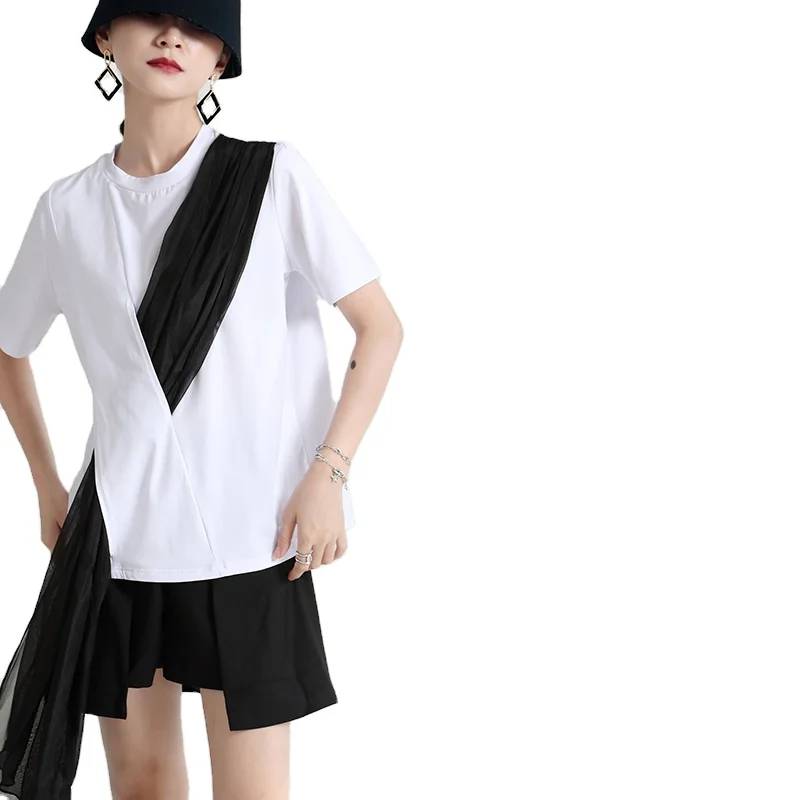 2021 Fashion casual blouse ladies irregular round neck shirt sleeve loose top 1482