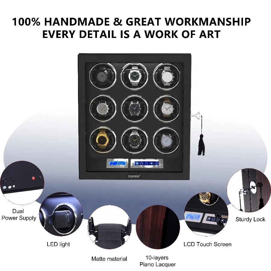 Luxury 9 Slots Watch Winder Manufacturer LCD Watch Shaker Ultra Quiet Mabuchi Motor Remote Control Winder Watch Box