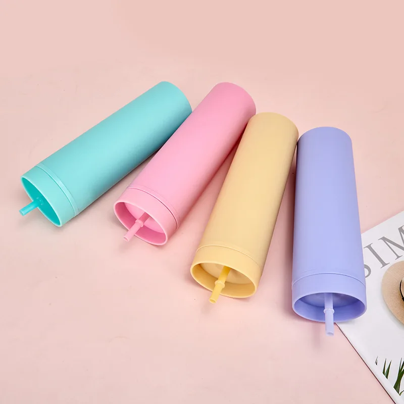 Portable Tumbler Cup Matte Plastic Water Bottle with Reusable Straw and Lid Double Wall Custom Logo Straight Cup
