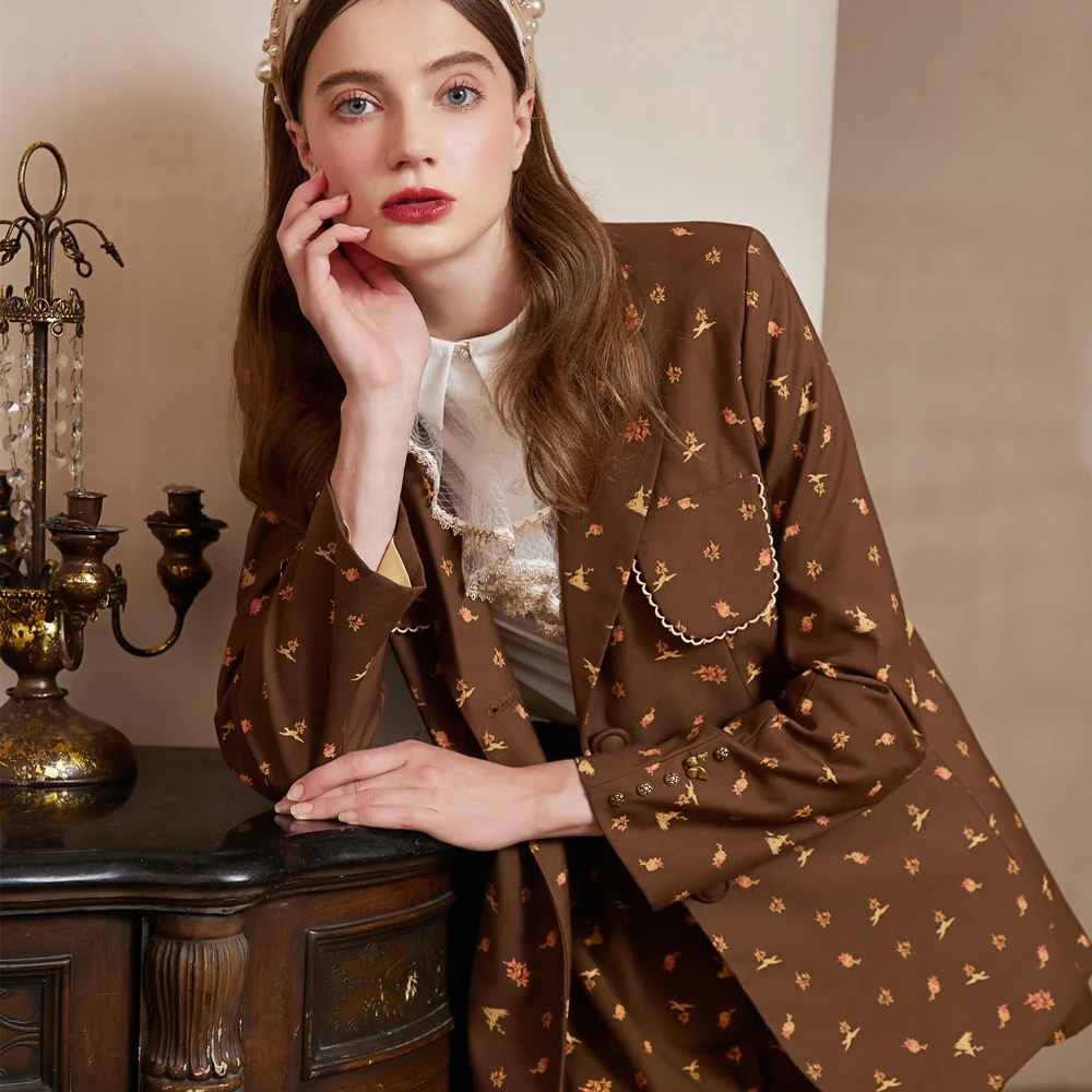 Vintage Printed Bown Suit Coat Female Cassic Coat Womens Suit Jacket