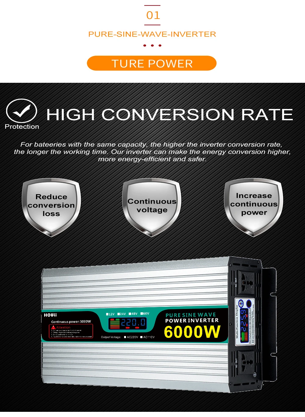 Инвертор немодулированного синусоидального сигнала HOULI, 6000 Вт, 12 В, 24 В, 48 В до 110 В, 220 В, 6000 Вт