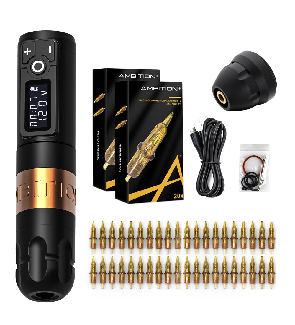 Ambition Soldier Professional Rotary Wireless Tattoo Pen Machine Kit Set with 40pcs Cartridge Needle