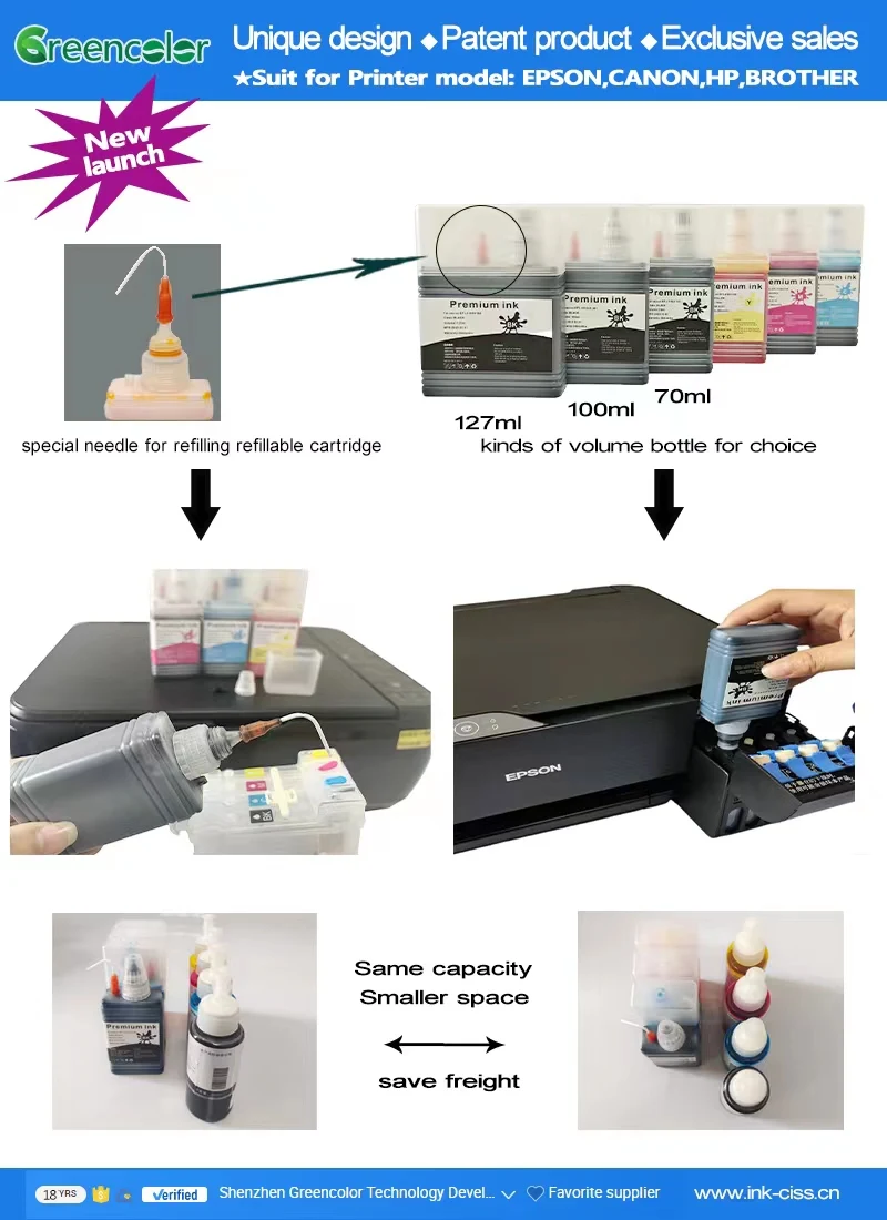 Greencolor New Patent 70/100/127ML Refill Dye Ink T664 for L110 L395 L220 L200 tinta epson 664 Compatible
