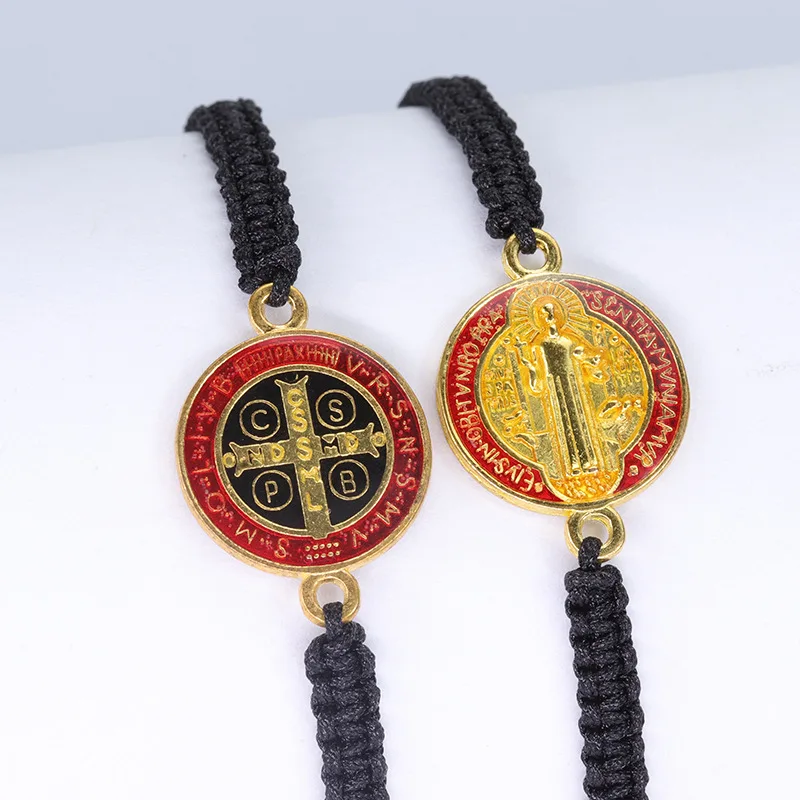 Catholic Religious Belief St. Benedict Cross Double sided Protection Medal Adjustable woven Bracelet set braided bracelets