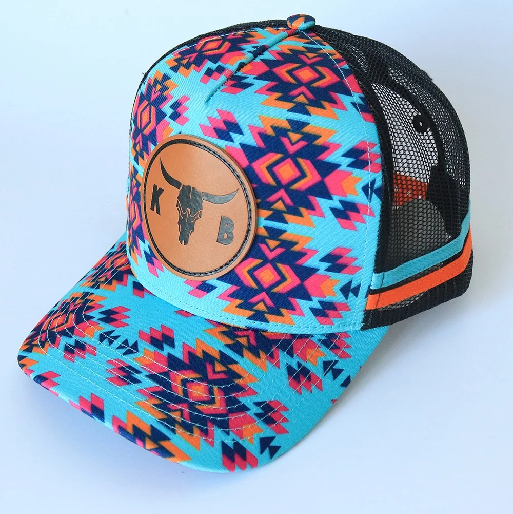 2023 Custom Leather Patch Logo Trucker Caps Mesh Baseball Cap Trucker Hat Custom Trucker Cap and Hat With 2 Strips On Side