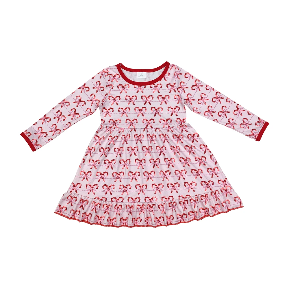 Candy Cane Print Girls Knee Length Christmas Dress RTS Wholesale Baby Girls Boutique Holiday Clothes