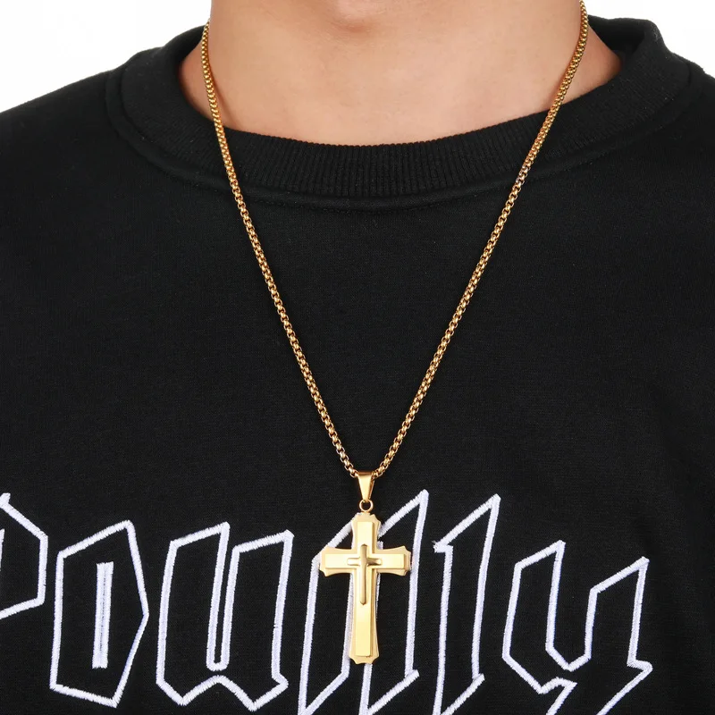 Big Titanium Steel Cross Pendant Necklace for Men Teen Boys Jewelry Three Layers Jesus Cross Crucifix Necklaces with Box Chain