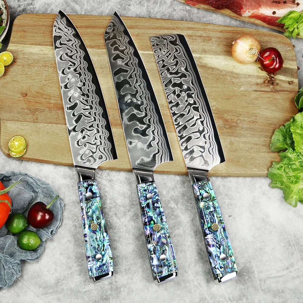 Yang jiang amber Damascus Stainless Steel Kitchen Knife Set with Abalone handle