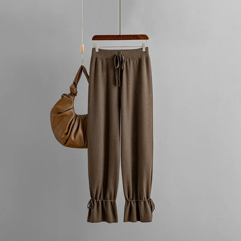 Women Autumn and Winter Knit Trousers Wide Leg Loose Pants Ankle Length Pants Casual Trouser Elastic Waist Plus Size Pants