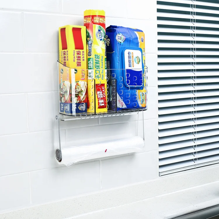 Luxury Clear Acrylic Free Punching Wall Mount Kitchen Rack Tissue Paper Towel Plastic Storage Bag Roll Holder with Suction Cup