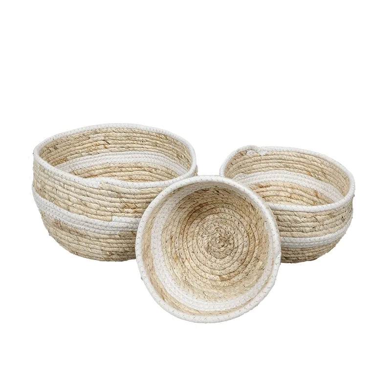 Picnic Basket Handmade Round Storage Baskets Corn Rope Woven Eco-friendly Basket Set