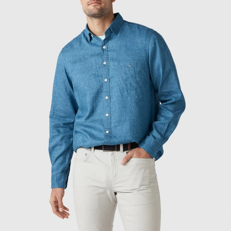 Custom Embroidery Logo 100% Linen Long Sleeves T Shirt Shirts Stylish Casual Blank Streetwear Golf Cotton Linen Shirts For Men