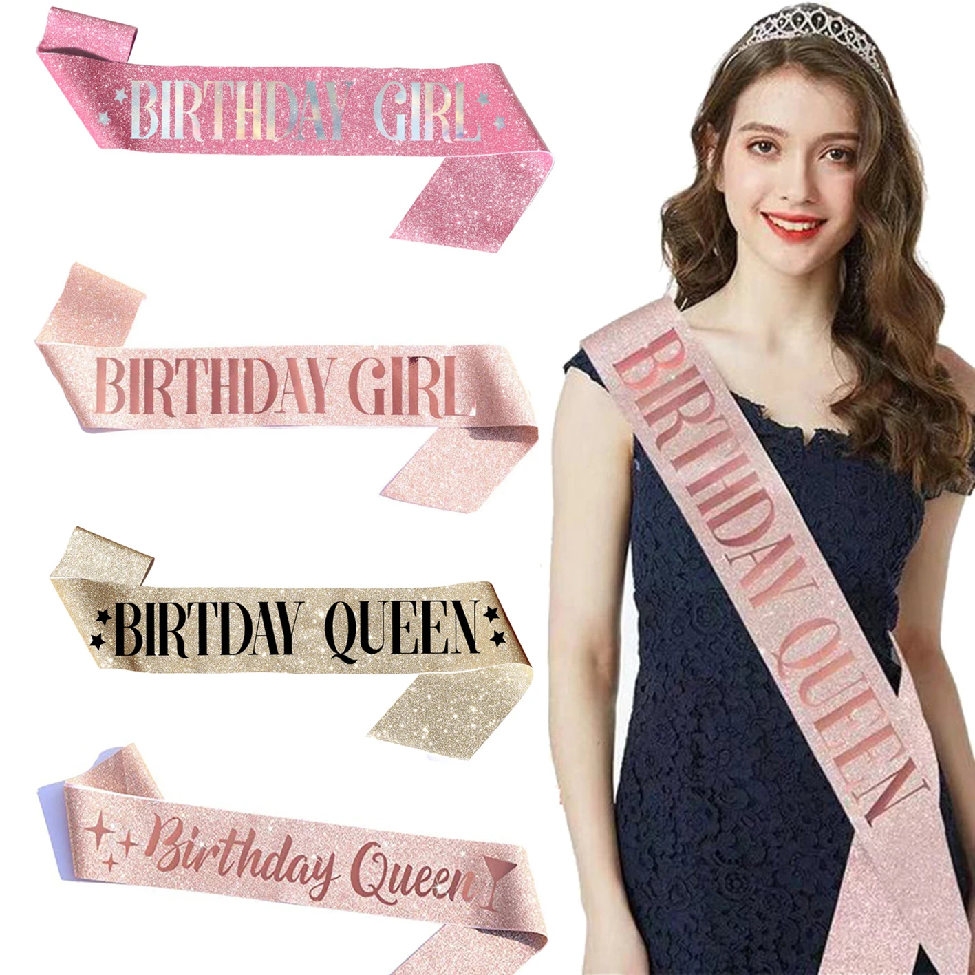 
Birthday sash happy birthday girl sash Rose Gold Glitter queen Shoulder straps for Birthday Party Decorations 