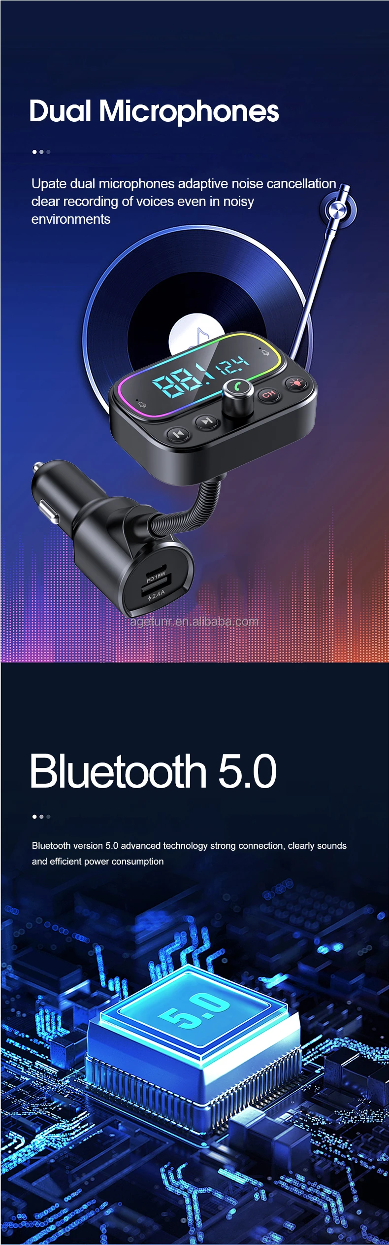 AGETUNR T67 BT V5.0 USB Type-c Handsfree Qc3.0 Fast Car Charger MP3 Player AUX Out Dual Mic Fm Transmitter Modulator for Car