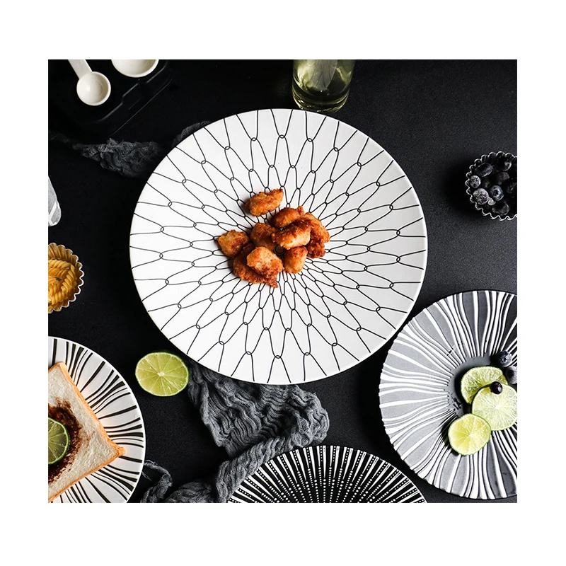 8 Inch Plate Fruit Plate Porcelain Tableware  Nordic Black and White Western Dinner Plate