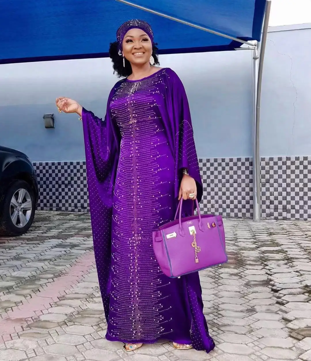 
2021 Abaya African Women Heavy Rhinestone Beaded Silk Satin Crew Neck Wide Bat Sleeve Turban Dress Robe africam women clothing 