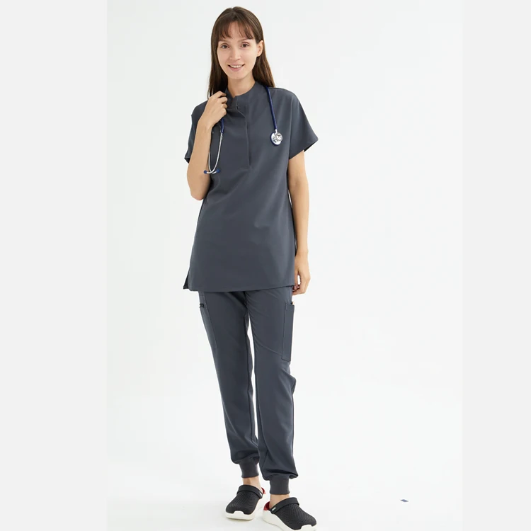 One Button Placket Mandarin Collar Drop-Shoulder Silhouette Comfy Nursing Women Scrubs Tops Uniform