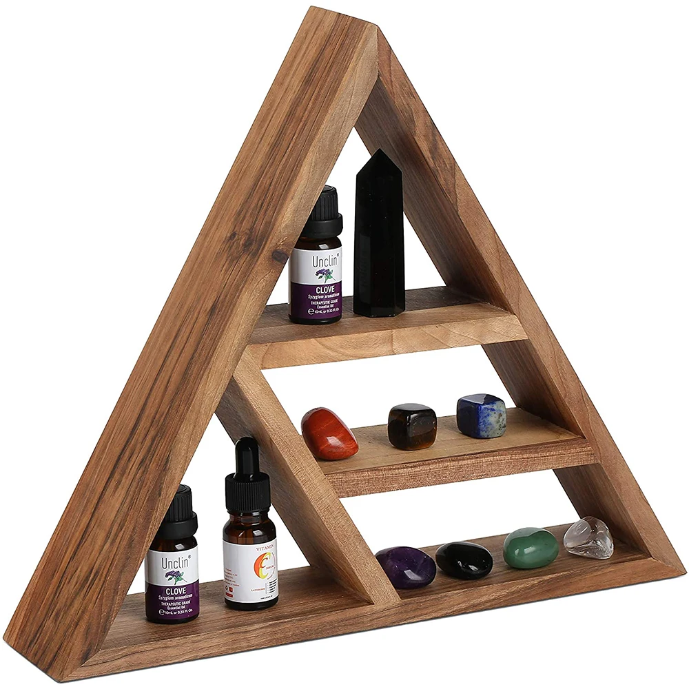 Wooden triangle crystal bracket geometric room decor - floating shelf hanging on wall - Essential oil storage
