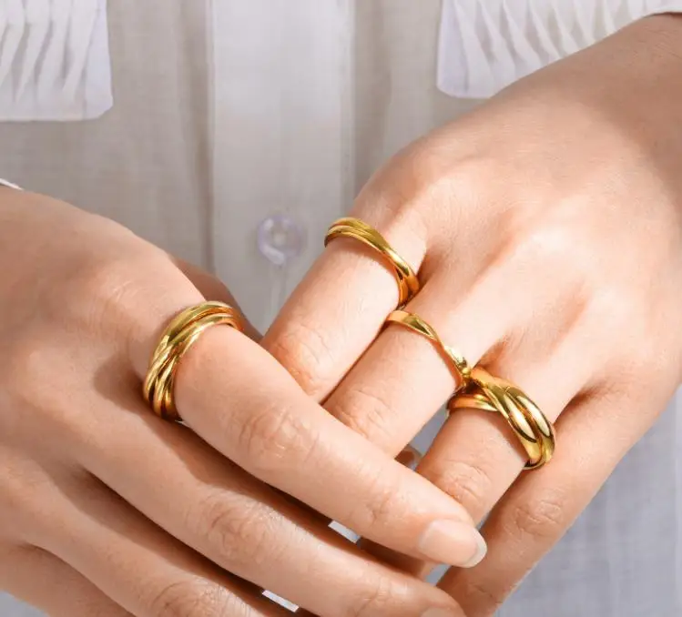 Stainless steel smooth round ring 18K gold-plated triple gold have size wedding rings  wholesale popular for women