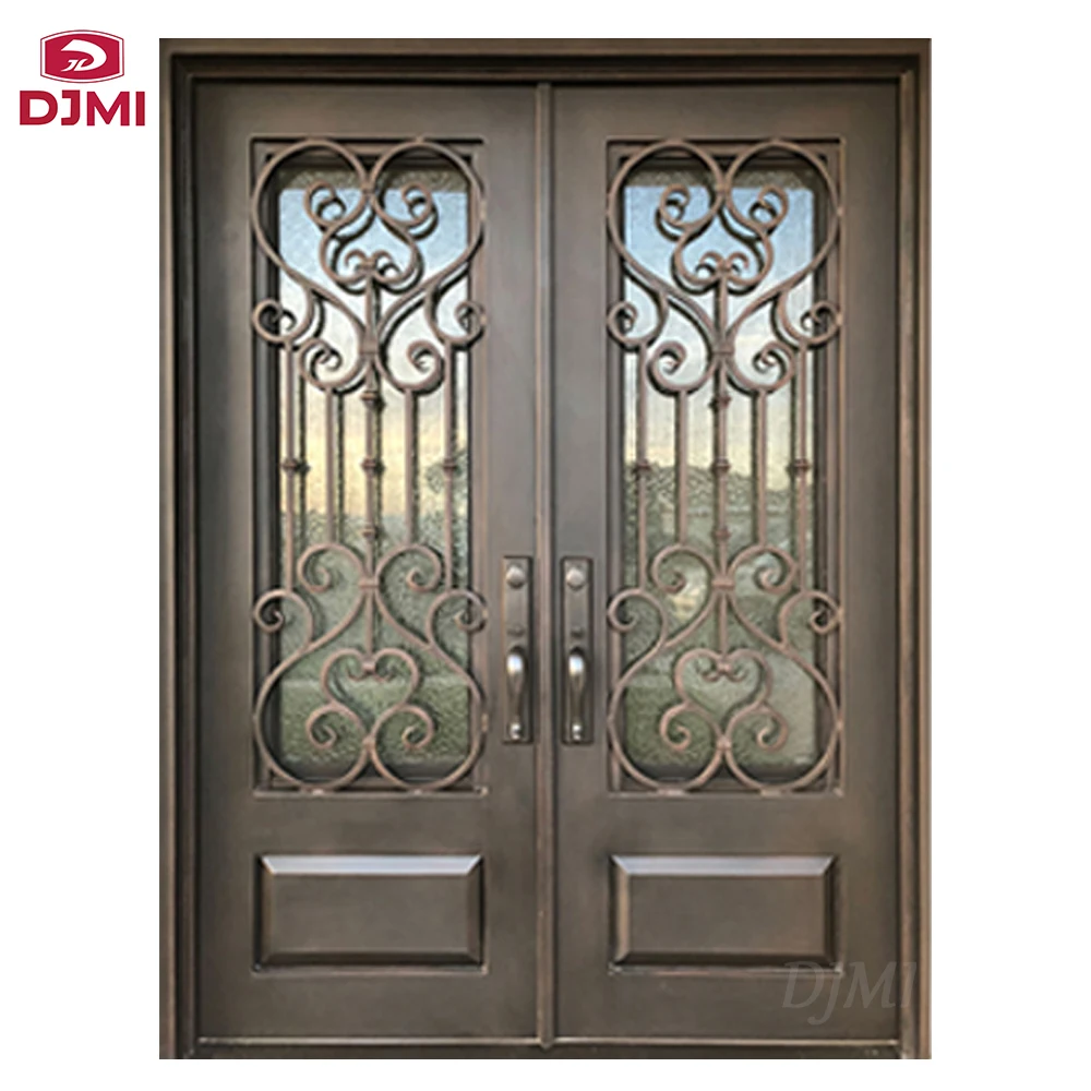 Chinese Top factory luxury villa external main entrance porte with art glass front entry exterior wrought iron door for house