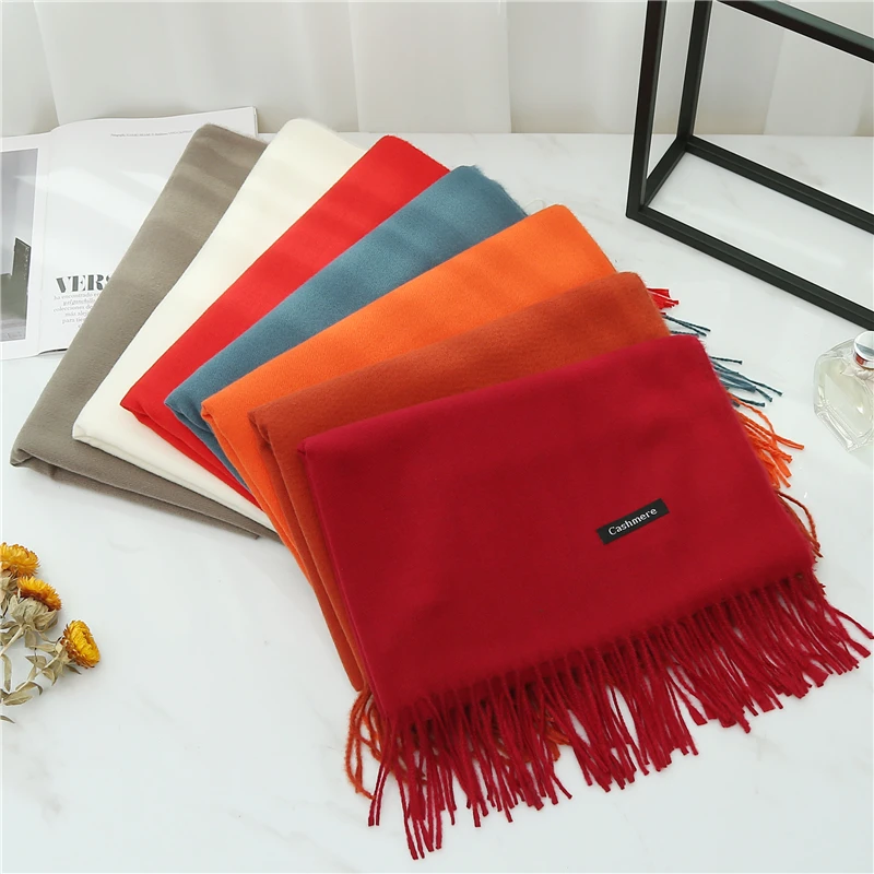 Fashion 36 Solid Colors Women Winter Cashmere Scarf For Ladies Plain Pashmina Shawls Warm Hijab With Tassel Custom Brand Scarfs