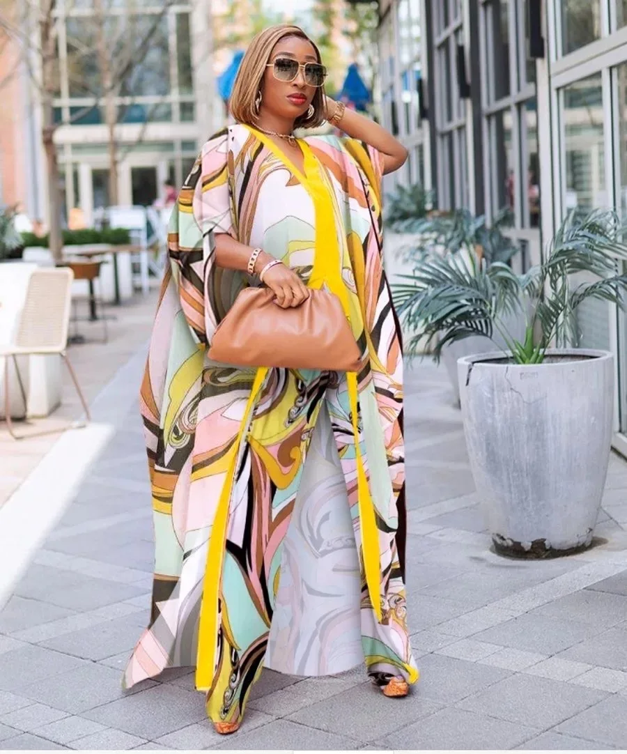 2021 Muslim Arab Casual Two Pieces Set Printing Batwing Sleeve African Women Abaya Kaftan Style Robe Long Dress Muslim Islamic