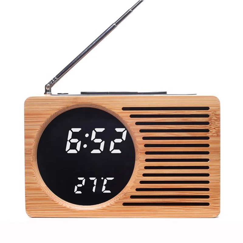 KH-WC013 Natural Bamboo LED Desk Table Retro Digital FM Alarm Clock Radio for Promotion Gift