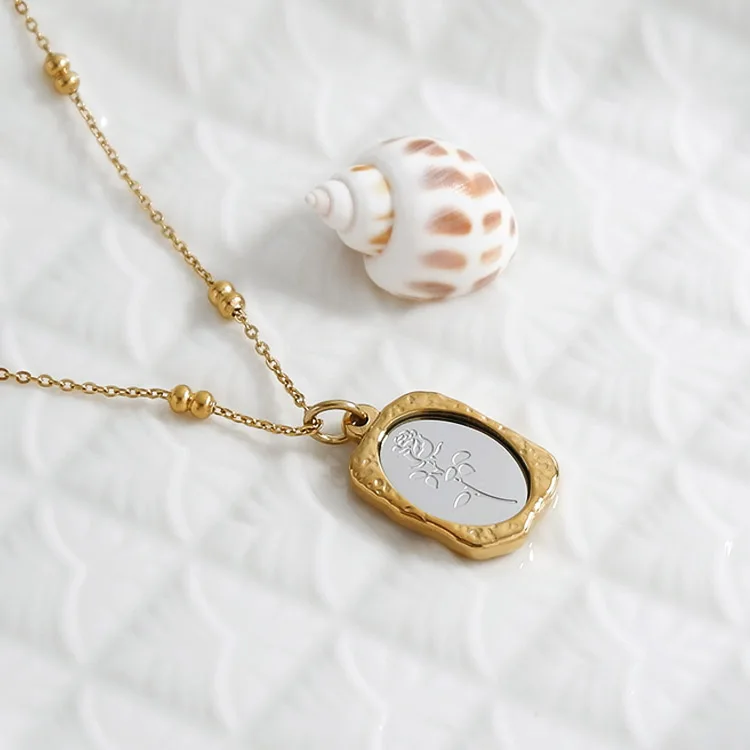 Vintage 18K Gold Plated Magic Mirror Stainless Steel Rose Flower Round Beaded Chain Pendant Necklace
