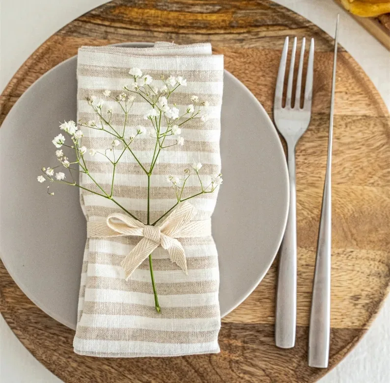 Chic style simple stripe place mat stone washing linen natural stripe napkins